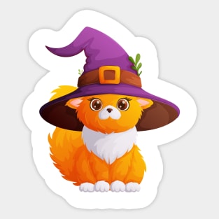 Cute and fluffy cat in a purple witch hat Sticker
